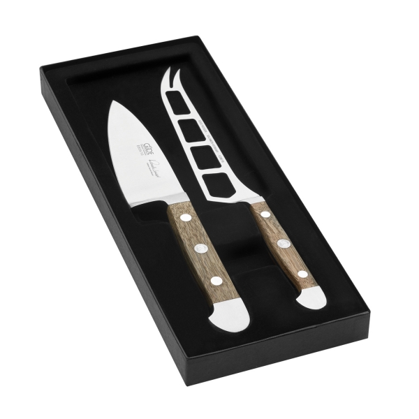 The GÜDE ALPHA BARREL OAK 2 piece Cheese Knives Set 2-E805/10