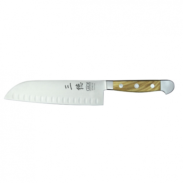 The GÜDE ALPHA OLIVE Large Santoku Granton Edge Knife 18cm 195g